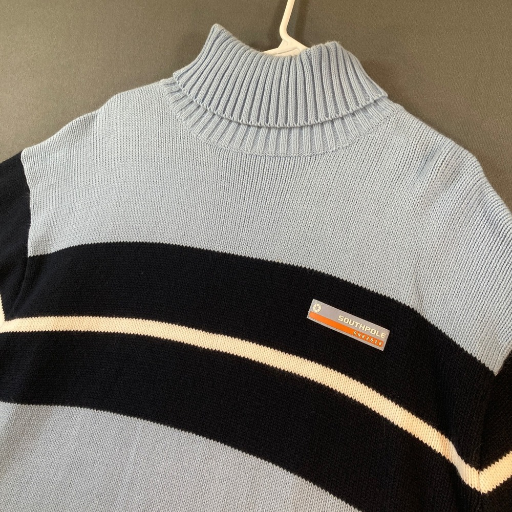 Vintage Southpole Men XL Striped Turtleneck Sweater Blue Navy Y2K Baggy Oversize